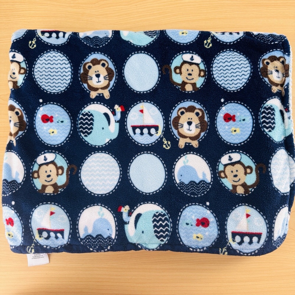 Garanimals‎ Baby Blanket Nautical Sailor Monkey Lion Whale Fish Boat Sherpa Navy